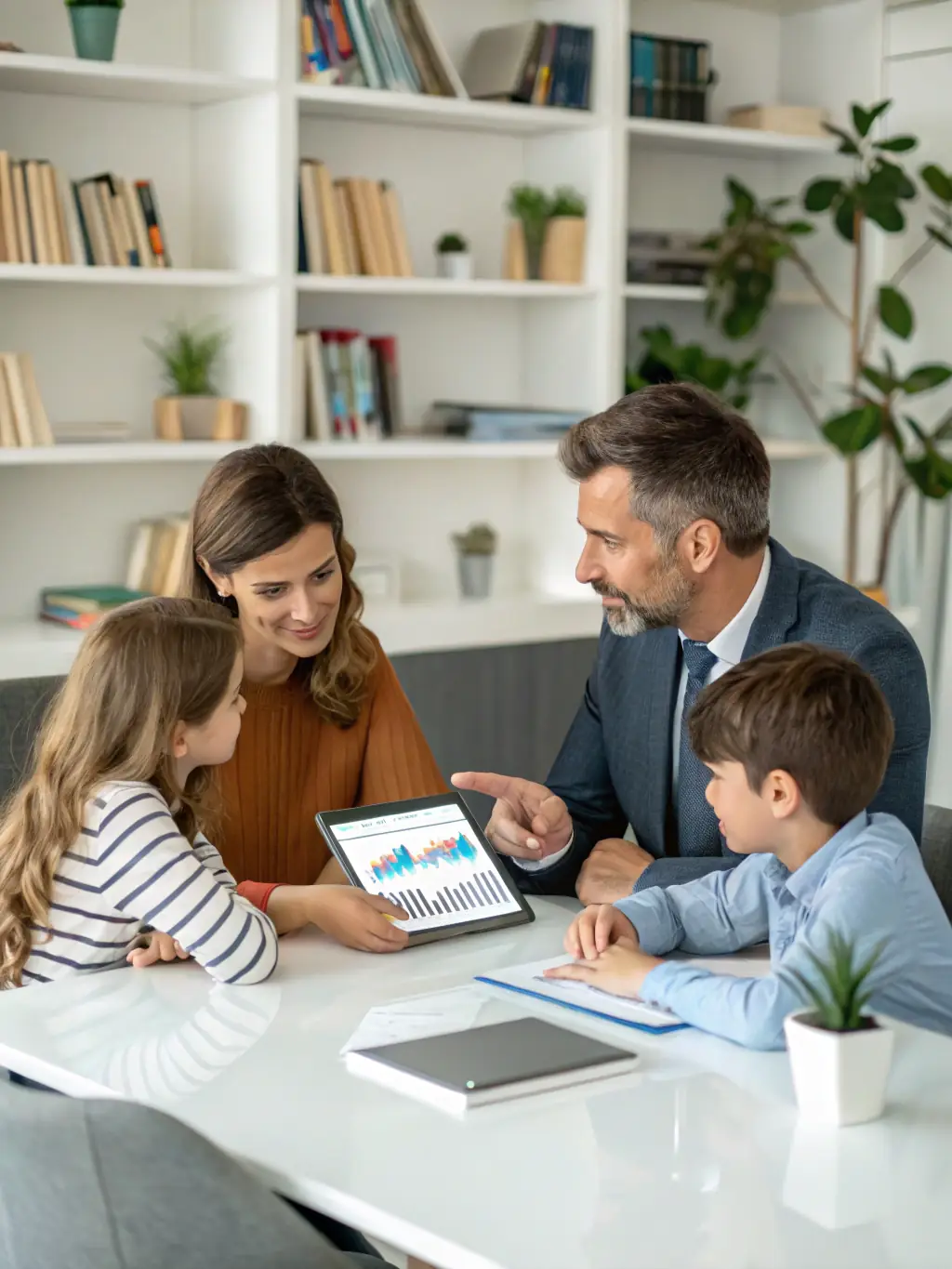 An image of a family discussing their financial plans with a trusted advisor, emphasizing the importance of professional guidance in making informed decisions about smart time insurance.