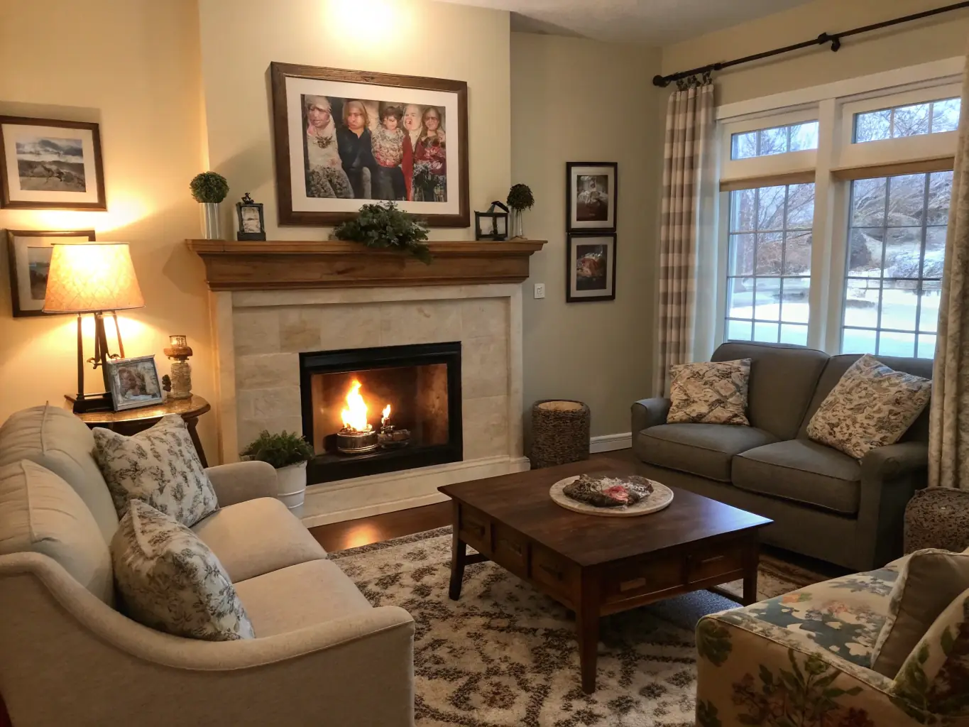 A cozy home interior with a family gathered around a fireplace, symbolizing the security and peace of mind provided by mortgage protection insurance.
